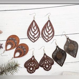 Hollow Carved Pattern Dangle Earrings Simple Bohemian Style Wooden